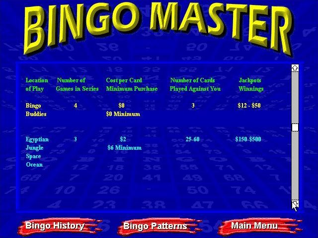 Bingo Master (Windows) screenshot: The game's pay table.<br>This is from the Standard Edition which has a reduced set of locations, clearly there's room for higher stake locations in the full game