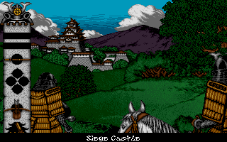 Lords of the Rising Sun (Amiga) screenshot: On a hilltop, Yoshitsune decides whether he should attack this castle.