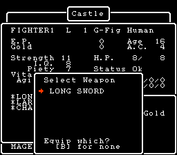 Wizardry: Proving Grounds of the Mad Overlord (NES) screenshot: Character statistics and equipment