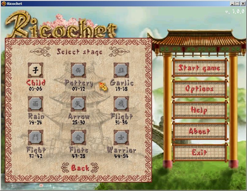 Ricochet (Windows) screenshot: Strategy Mode: Stage selection<br>The later levels remain locked until they have been played, once unlocked they can be replayed at will<br>The symbols are Japanese