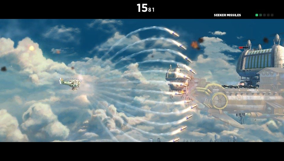 Sine Mora (PS Vita) screenshot: Firing a missile salvo at the larger enemy airship (Trial version)