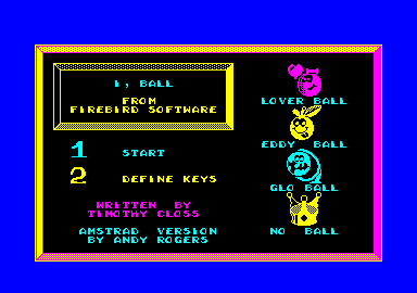 I, Ball (Amstrad CPC) screenshot: Title and main menu