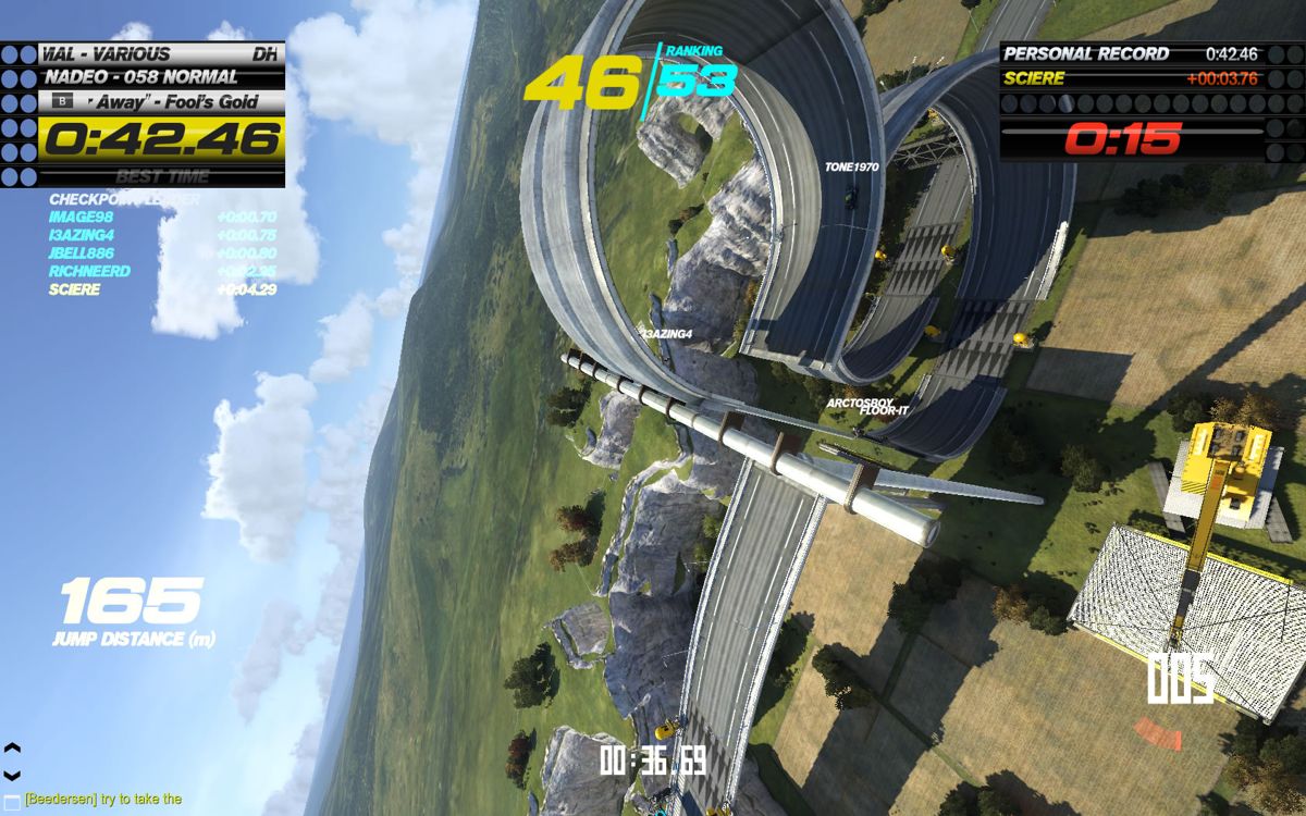 Trackmania: Turbo (Windows) screenshot: I missed the loop and my car is hurled through the air, from a first-person perspective.