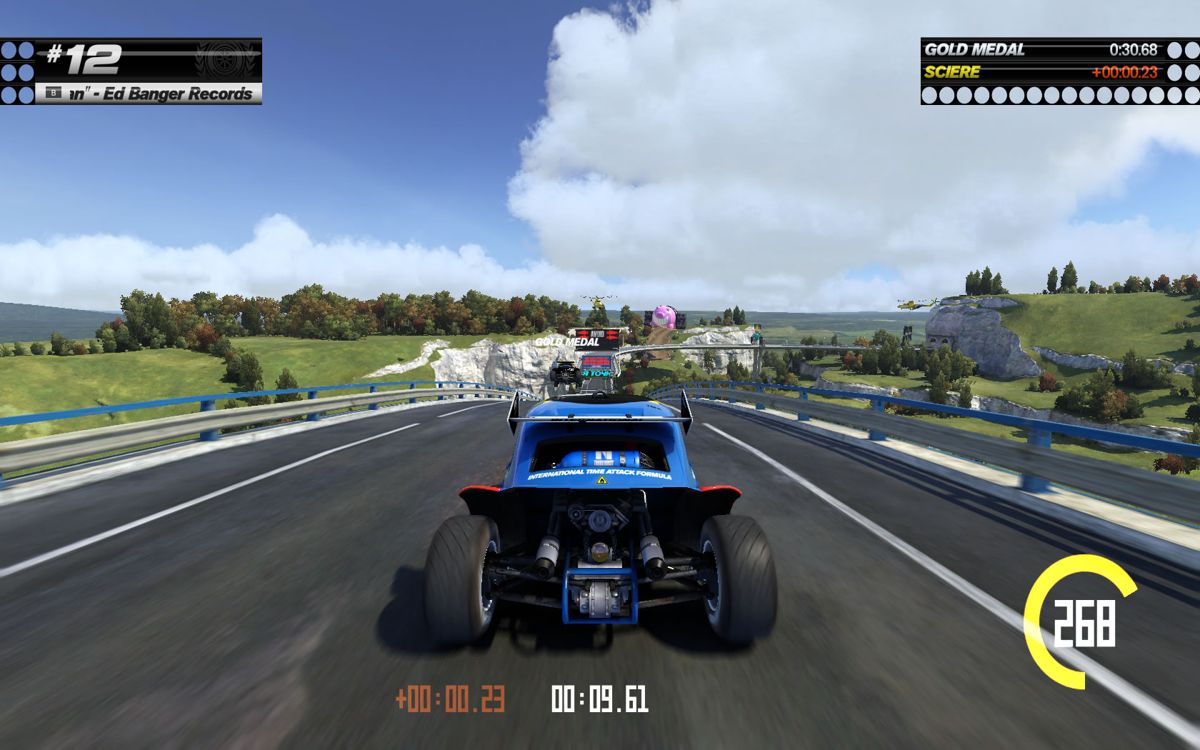 Trackmania: Turbo (Windows) screenshot: You receive a lot of notifications of your time and performance during the race, compared to earlier attempts.
