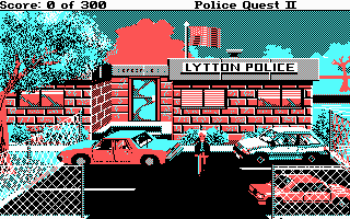 Police Quest 2: The Vengeance (DOS) screenshot: Begin the game outside the police station (CGA)