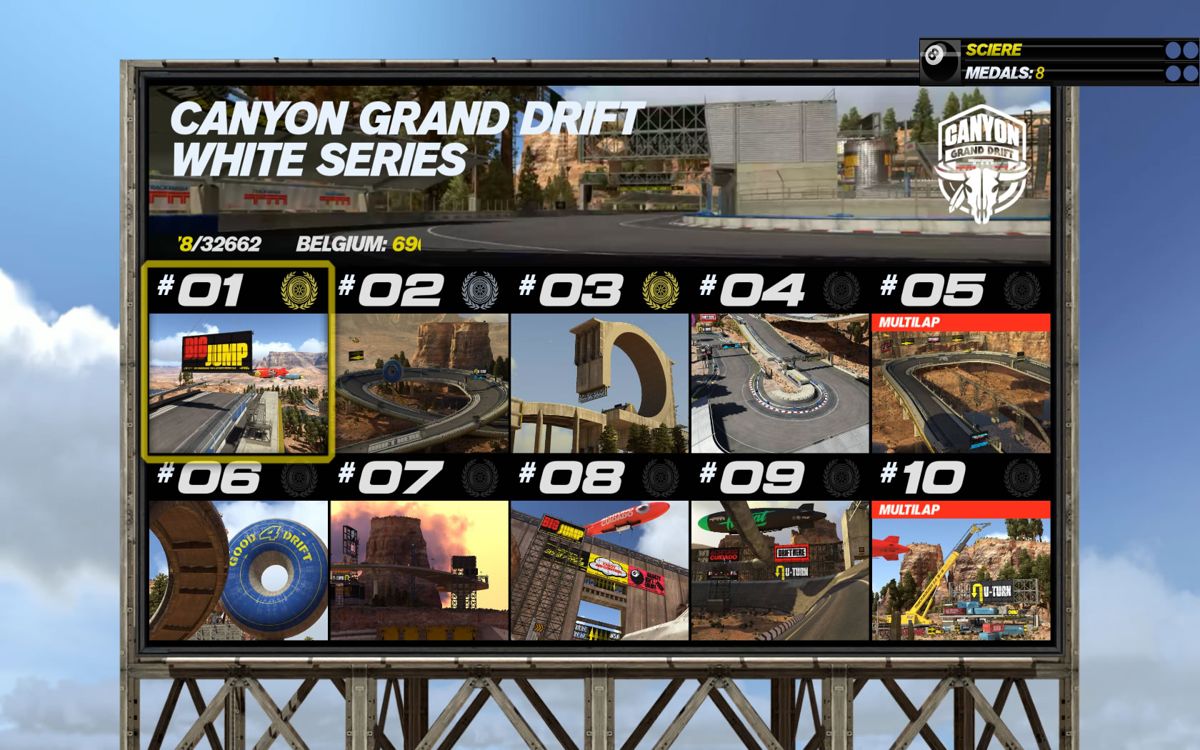 Trackmania: Turbo (Windows) screenshot: The races and medals for a single series in the campaign mode