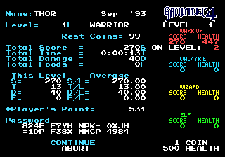 Gauntlet IV (Genesis) screenshot: Stats from the record mode