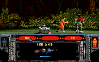 Free D.C! (DOS) screenshot: Avery makes a robot rust using the water cannon.