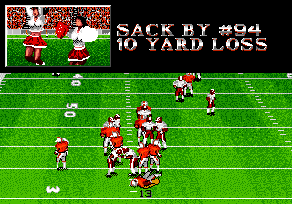 Bill Walsh College Football (Genesis) screenshot: Players on the field celebrate after a sack.