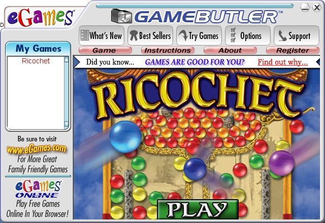 Ricochet (Windows) screenshot: The game is selected via the Game Butler which can be used to access other eGames' titles, none are installed here