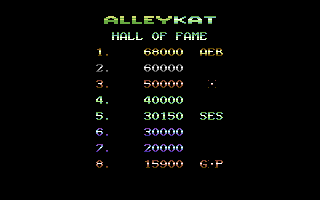 Alleykat (Commodore 64) screenshot: The hall of fame features Andrew Braybrook with the magical score of 68000 points.