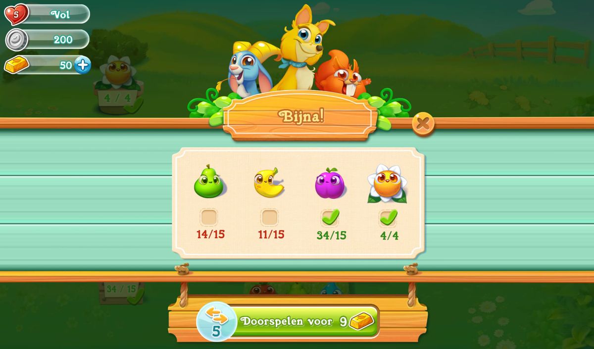 Farm Heroes Super Saga (Android) screenshot: Almost there, but you can spend gold for additional moves (Dutch version)