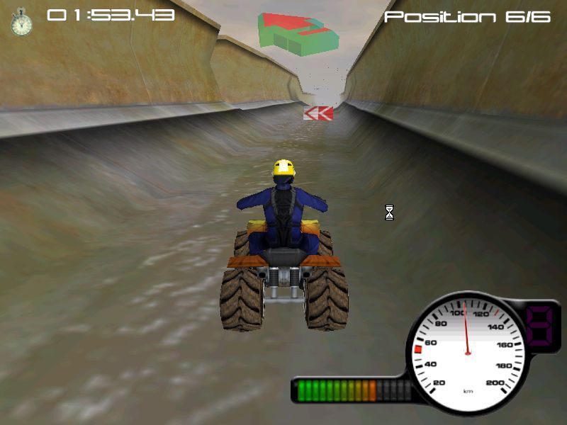 X-Treme Quads (Windows) screenshot: Driving round drainage ditches or something similar<br>The turns are very sharp and despite the arrows they are easy to miss