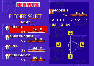 Sports Talk Baseball (Genesis) screenshot: Pitcher select