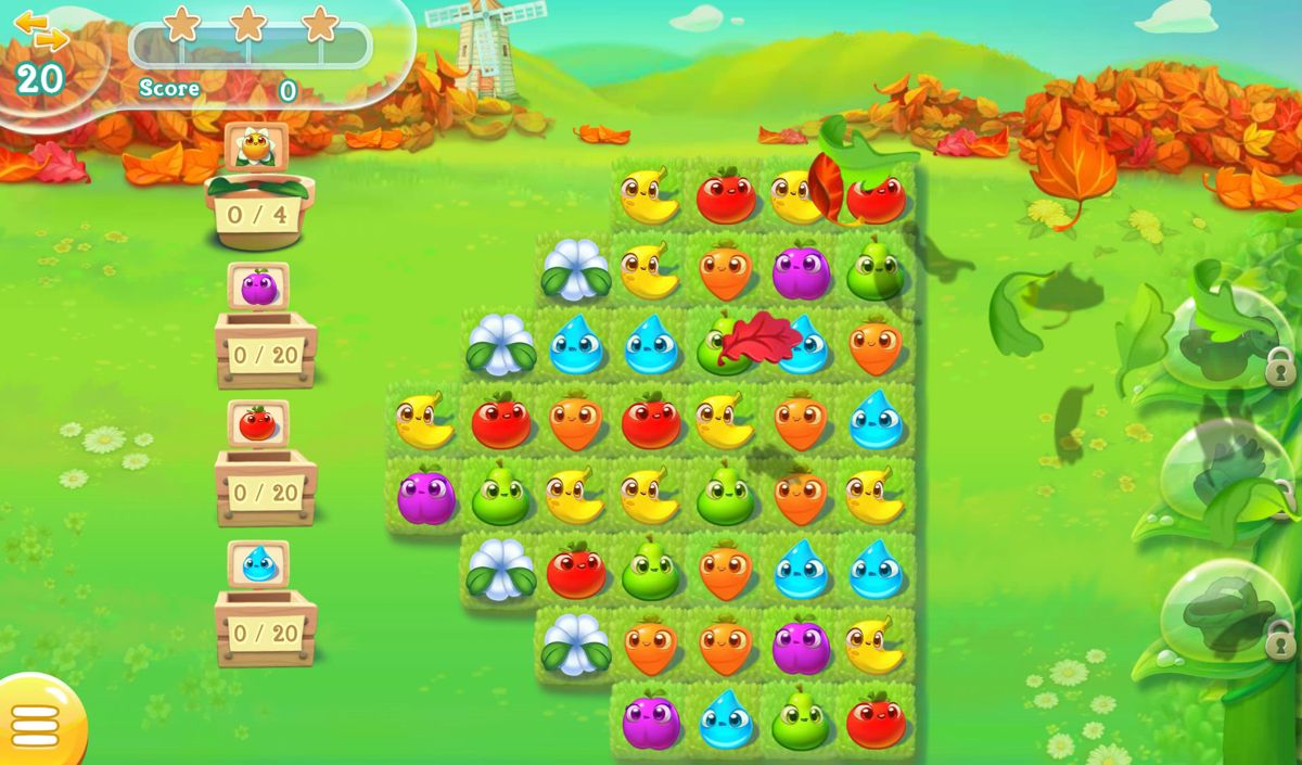 Farm Heroes Super Saga (Android) screenshot: Leaves show that the wind is blowing in the direction of the match. This board also has flowers that can only be removed by creating matches next to them.