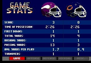 NFL Sports Talk Football '93 Starring Joe Montana (Genesis) screenshot: Game stats