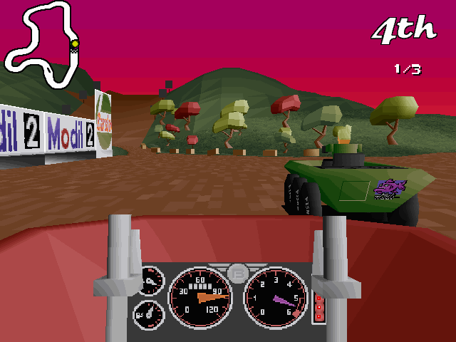 Big Red Racing (DOS) screenshot: View from the inside of one of the vehicles