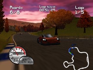 Roadsters (Nintendo 64) screenshot: Pausing the race and viewing the car from a different angle.