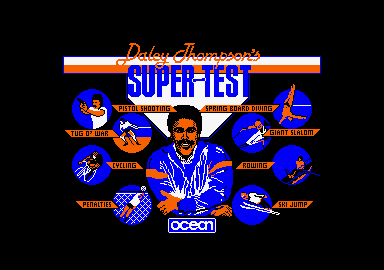 Daley Thompson's Super-Test (Amstrad CPC) screenshot: Title screen showing all the events.