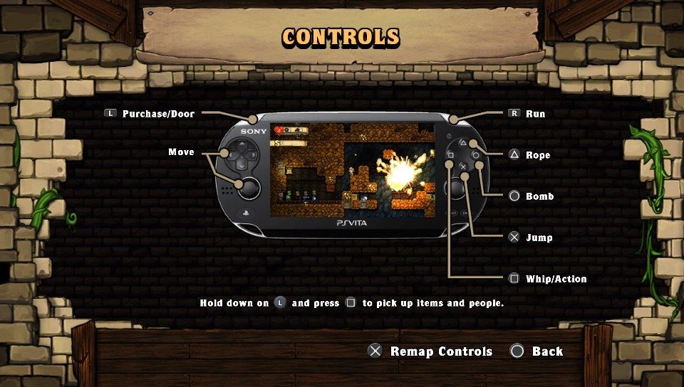 Spelunky (PS Vita) screenshot: Gameplay controls (Trial version)