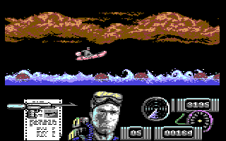 Navy Moves (Commodore 64) screenshot: Jump over sea-mines in the rock-hard first level...