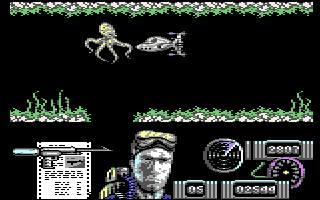 Navy Moves (Commodore 64) screenshot: Fire as many shots as possible at the octopus before it crushes your ship.
