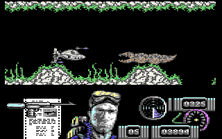 Navy Moves (Commodore 64) screenshot: You have almost made it to the submarine but a sea monster is blocking your way. Kill it before it eats up the ship.