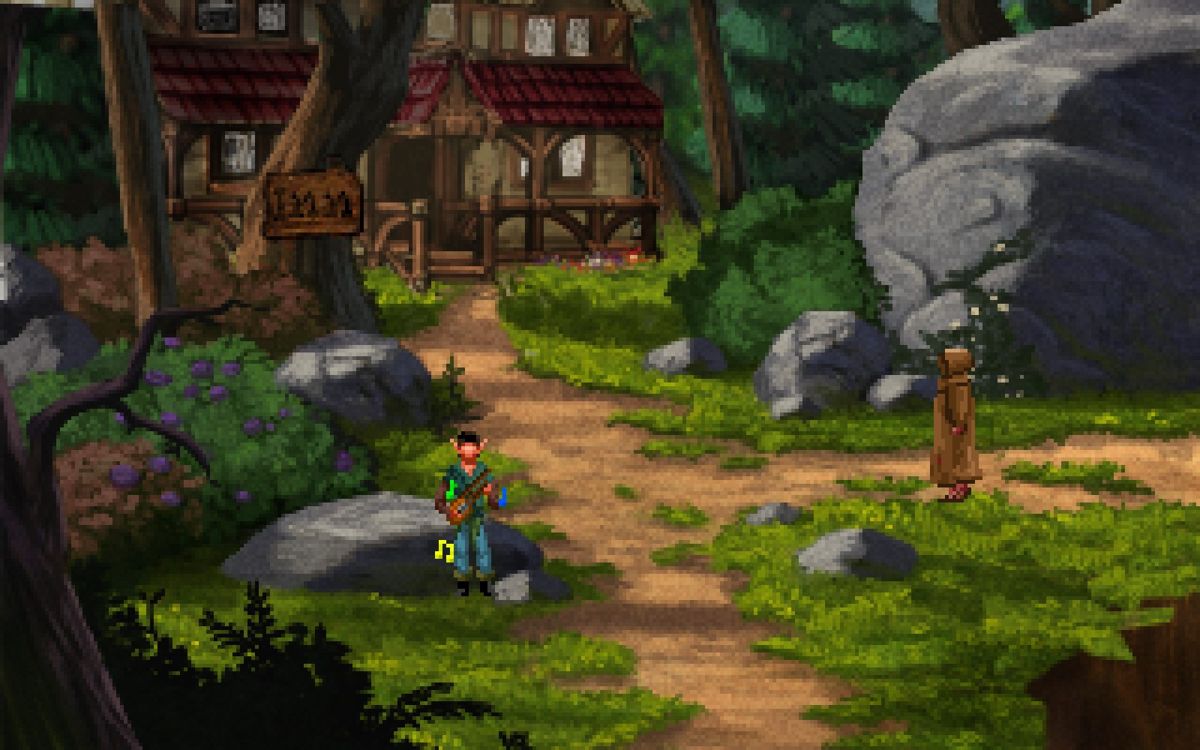 Order of the Thorne: The King's Challenge (Windows) screenshot: Finn the Bard is playing a lute in front of the inn