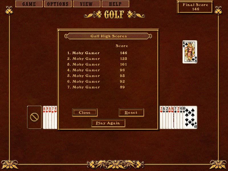 Solitaire Genius (Windows) screenshot: The game keeps track of the highest scores for each game