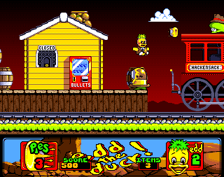 Edd the Duck 2: Back with a Quack! (Amiga) screenshot: Throwing custard pies at enemies