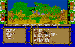 Sapiens (Atari ST) screenshot: Meeting Hognor, the tribe's leader