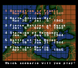 Operation Europe: Path to Victory 1939-45 (Genesis) screenshot: You can select among six real scenarios