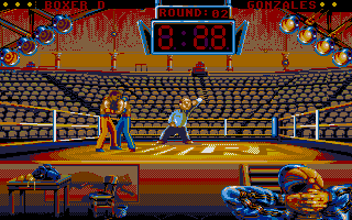 Best of the Best Championship Karate (DOS) screenshot: My stamina is dropping so I'm trying to hang on to the other fighter but the ref isn't having it. (VGA)