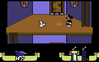 Mickey Mouse: The Computer Game (Commodore 64) screenshot: Mickey shoots at a small ghost