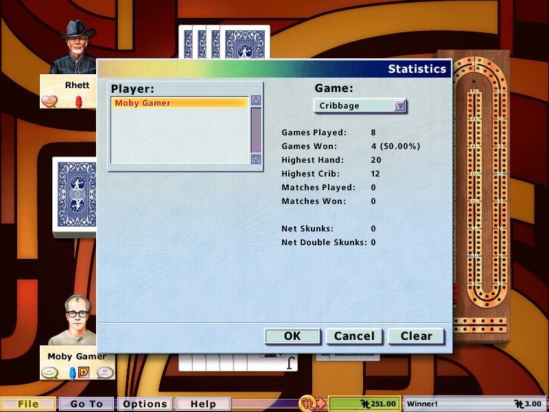 Card Games: Hoyle 2004 Edition (Windows) screenshot: The game of Cribbage is being used to show the in game statistics screen. Note in the background window that as they've played the player has earned Hoyle Bucks