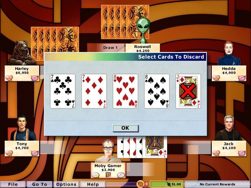 Card Games: Hoyle 2004 Edition (Windows) screenshot: A game of poker in progress. After the first round of betting the player may exchange one to three cards