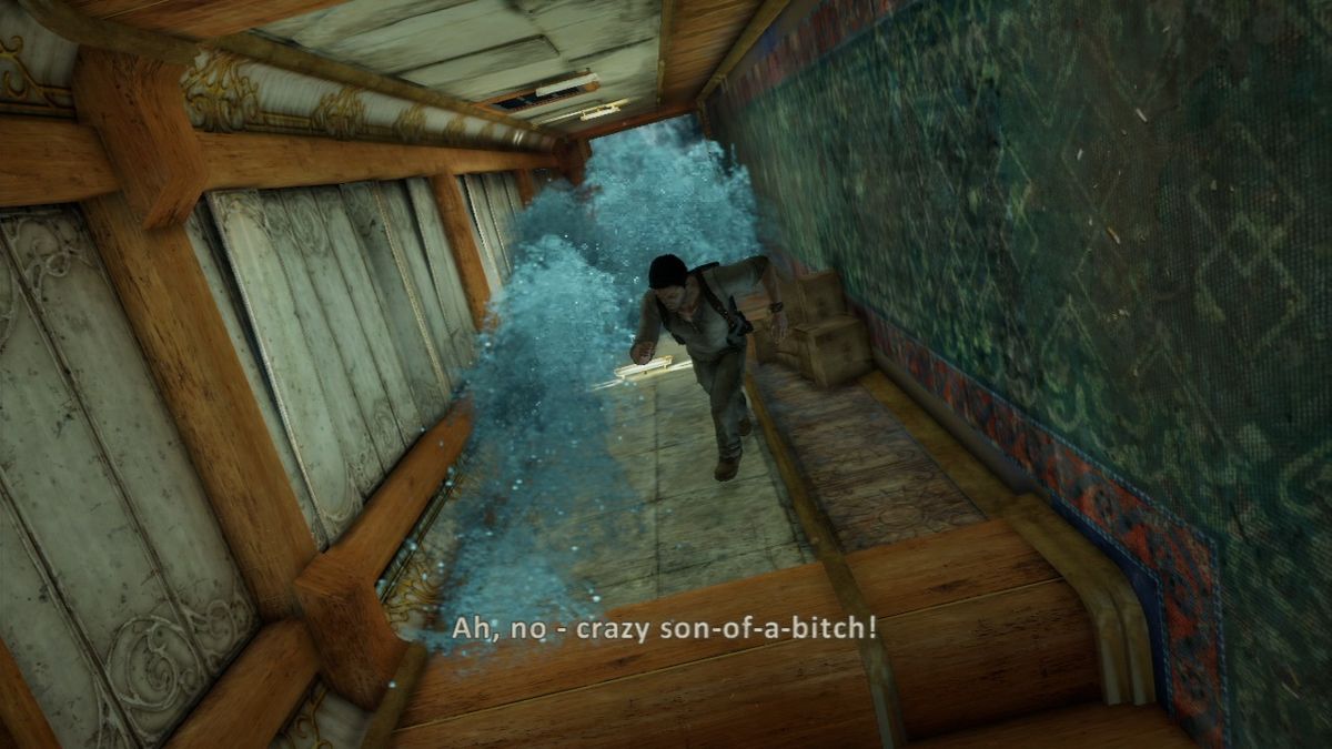 Uncharted 3: Drake's Deception (PlayStation 3) screenshot: Trying to outrun a huge gush of water.