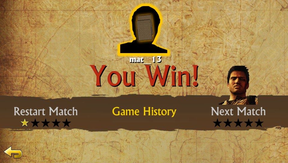 Uncharted: Fight for Fortune (PS Vita) screenshot: First match was a victory, my next opponent is Nathan Drake (Trial version)