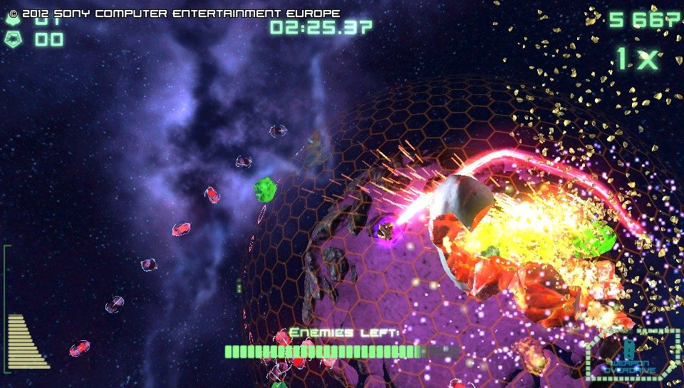 Super Stardust Delta (PS Vita) screenshot: Fire-based weapon is like an energetic whip which can be controlled to a certain degree (Trial version)
