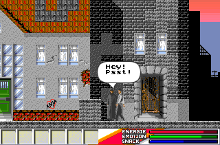 Bi-Fi Roll: Snack Zone (Amiga) screenshot: A shady-looking character tries to get Lukas' attention