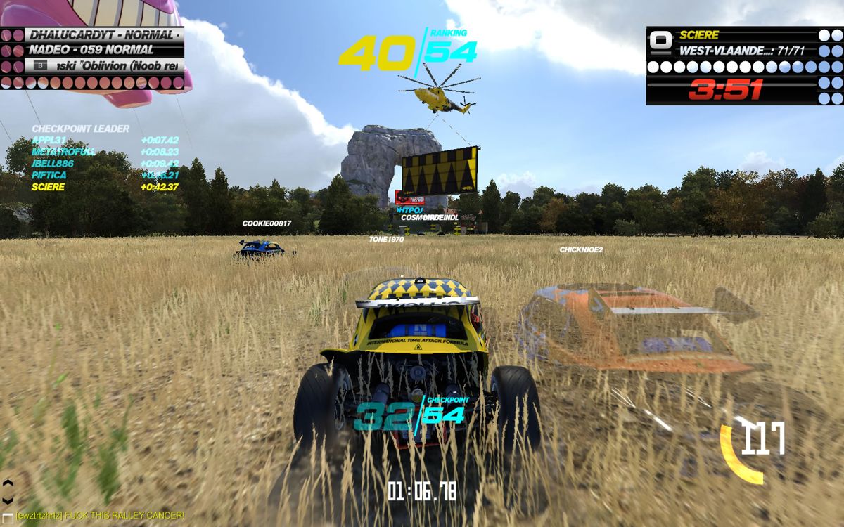 Trackmania: Turbo (Windows) screenshot: Cutting through a field.
