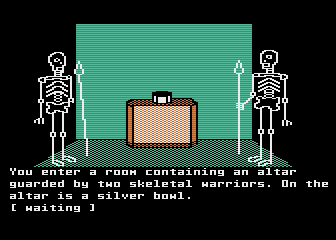 The Mask of the Sun (Atari 8-bit) screenshot: Skeletons guard this room