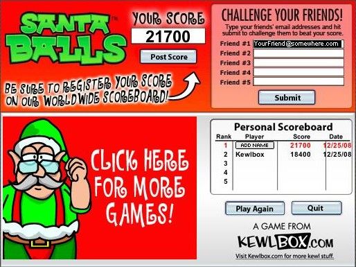 Santa Balls (Browser) screenshot: Post my score, play again, quit or look at other games?