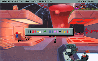 Space Quest V: The Next Mutation (DOS) screenshot: At the Spacebar. Trying to chat with an alien. The message that follows this one is "What a colorful language!"..
