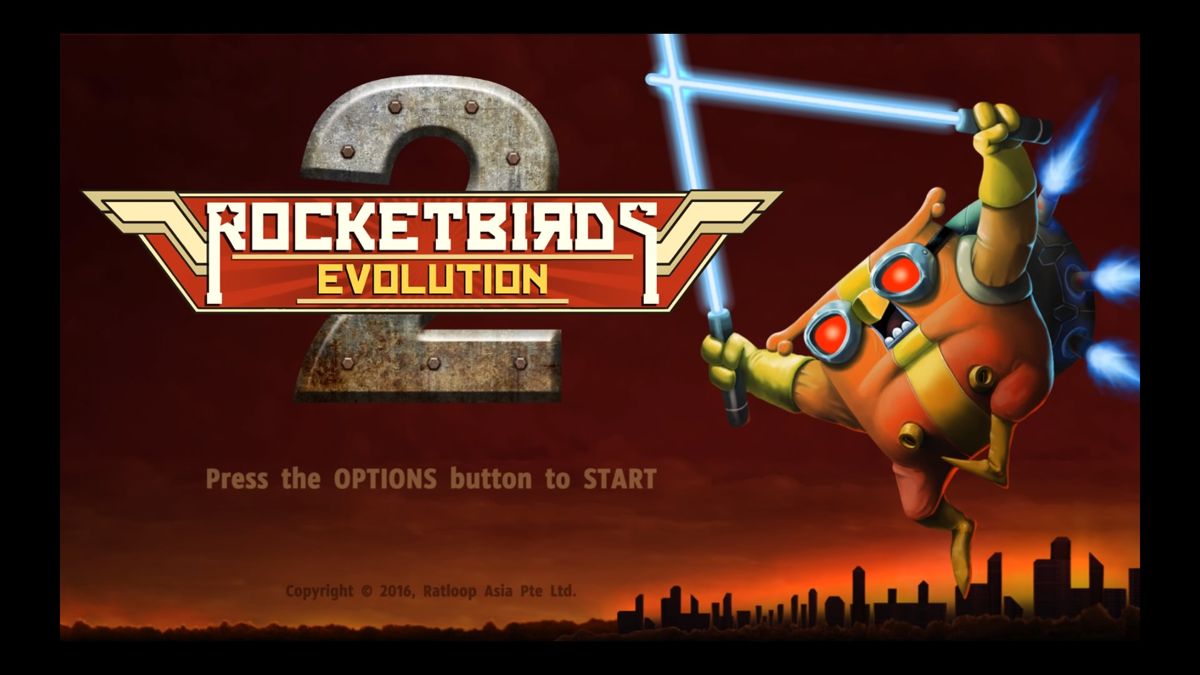 Rocketbirds 2: Evolution (PlayStation 4) screenshot: Title screen. Is that an owl on a jetpack?