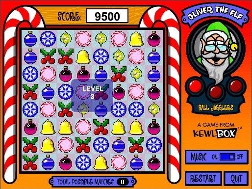 Santa Balls (Browser) screenshot: I'm at level 3 but I have no possible matches. Time to use a ball juggler.