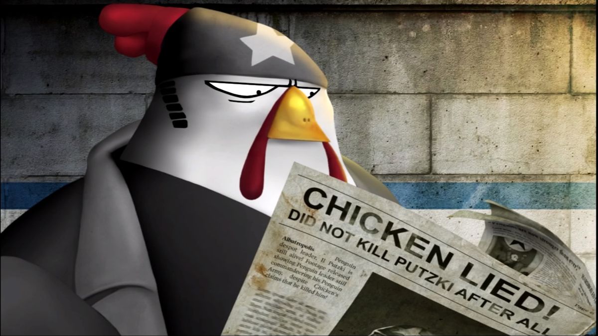 Rocketbirds 2: Evolution (PlayStation 4) screenshot: Intro sequence. Despite the neutral emotions presented here, you can tell Hardboiled looks mad. Least on the inside.