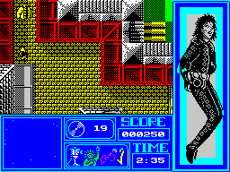 Moonwalker (ZX Spectrum) screenshot: Found a jacket. It's not an icon in the lower part of the screen but Michael will have it anyway because it adds 250 to the score