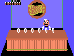 Tapper (ColecoVision) screenshot: Can you find the root beer that hasn't been shaken?