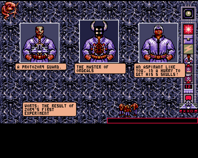 Chamber of the Sci-Mutant Priestess (Amiga) screenshot: Introduction: Inhabitants of the temple